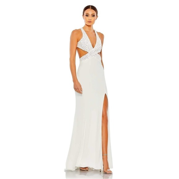 Mac Duggal Floral Sequined Criss Cross Bodice Gown White Size 4 NWOT - Picture 1 of 11
